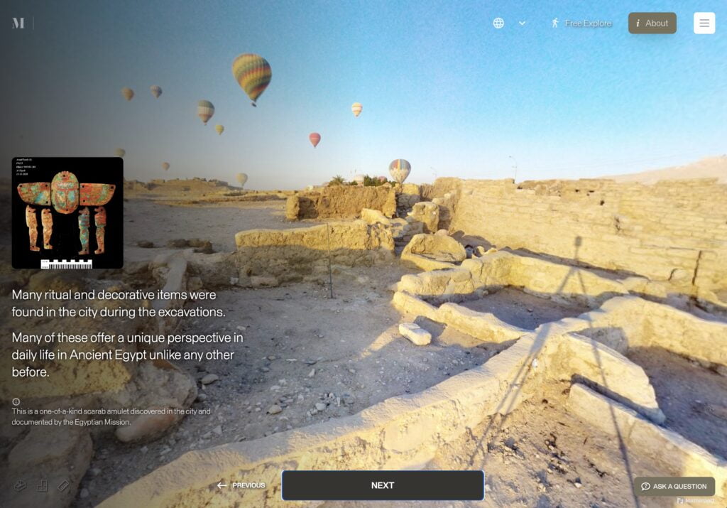 Screenshot of the virtual tour of the City of Amenhotep III outside Luxor showing ritual and decorative items