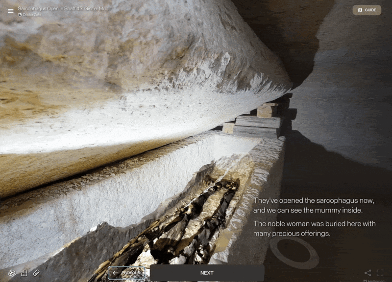 Virtual tour of the burial chamber of one of the uncovered tombs at Gisr el Mudir with body in situ in sarcophagus