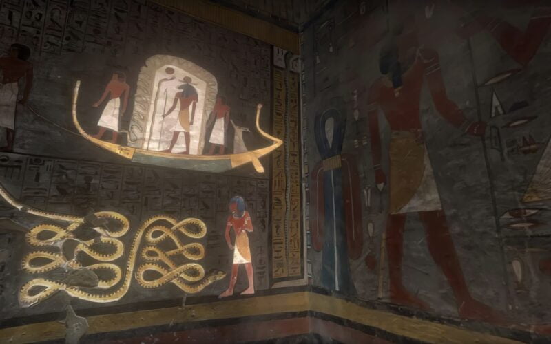 Tomb of Ramesses I Virtual Tour screenshot showing the highlighting of Ra with a solar boat and Apophis below